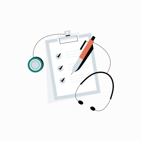 Clipboard with stethoscope and medical checklist in flat vector illustration symbolizing healthcare planning, diagnosis, and patient care, isolated on white background.のイラスト素材