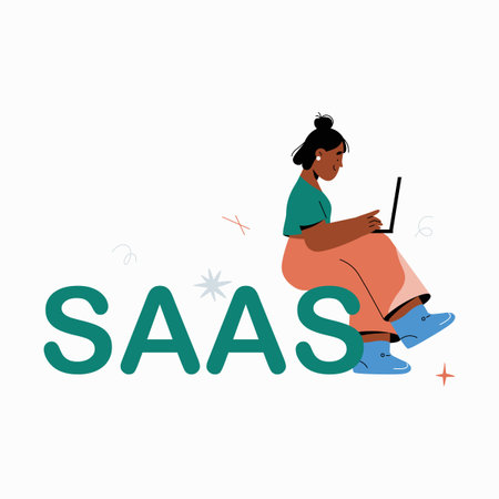 Female character using laptop, sitting on the word SAAS in flat vector illustration symbolizing software as a service, remote work, and cloud technology, isolated on white background.のイラスト素材