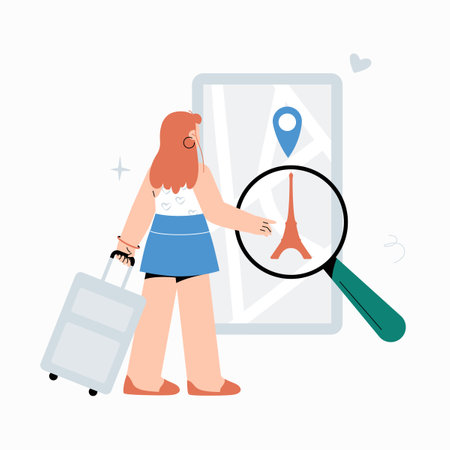 Female traveler with suitcase searching for Eiffel Tower on map in flat vector illustration symbolizing tourism, travel planning, and exploration, isolated on white background.のイラスト素材