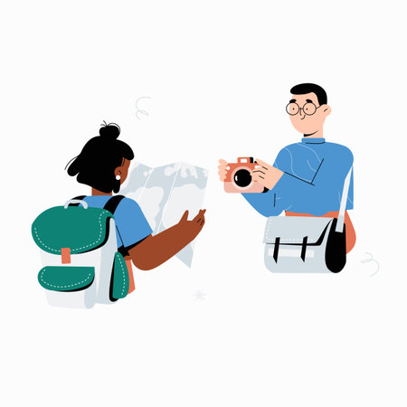 Male photographer taking a picture of female traveler reading a map, in flat vector illustration...