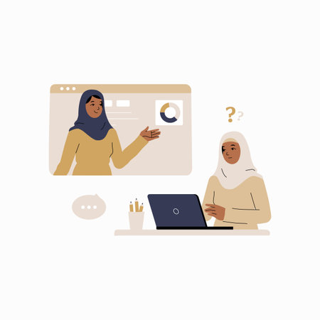 Online education platform with two female students in flat vector illustration symbolizing e...