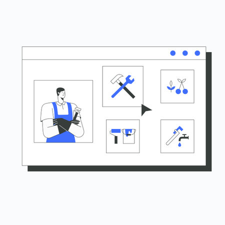 Male worker reviewing repair tools on website interface in flat vector illustration symbolizing online shopping, tool selection, and handyman services, isolated on white background.のイラスト素材