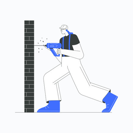 Man drilling a wall in flat vector illustration symbolizing construction, renovation, and home improvement, isolated on white background.のイラスト素材