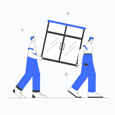 Two movers carrying a large window frame in flat vector illustration symbolizing moving service, teamwork, and relocation, isolated on white background.のイラスト素材