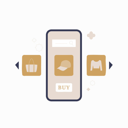 Mobile shopping app interface with icons for products like hats and clothing in flat vector illustration symbolizing online shopping and digital retail, isolated on white background.のイラスト素材