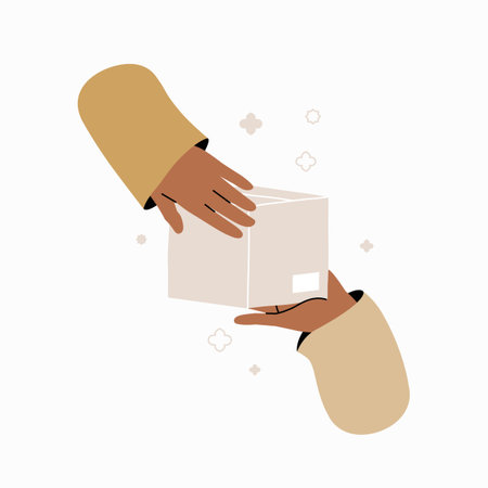 Hands exchanging a package in flat vector illustration symbolizing delivery, logistics, and customer service, isolated on white background.のイラスト素材