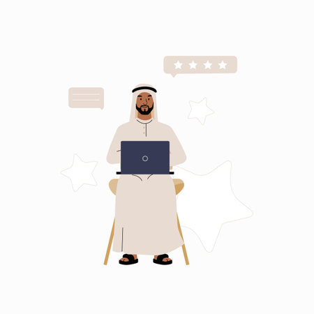 Man in Muslim attire using laptop in flat vector illustration symbolizing online business, remote work, and customer reviews, isolated on white background.のイラスト素材