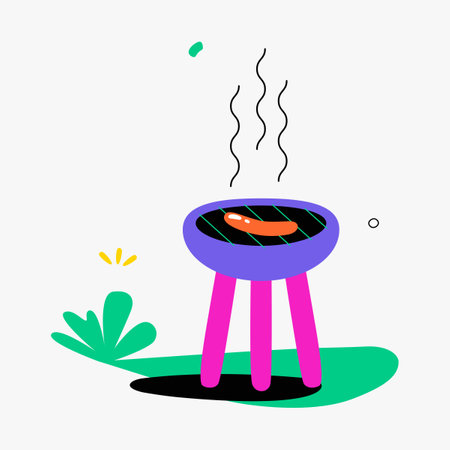 Grill with sausage in flat vector illustration symbolizing outdoor cooking, barbecues, and summer, isolated on white background.のイラスト素材