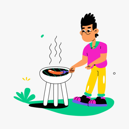 Man Grilling Outdoors Symbolizing Cooking And Picnic In Flat Vector Illustration Isolated On White Backgroundのイラスト素材