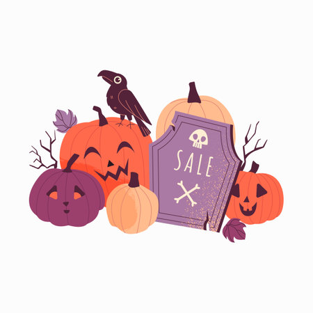 Halloween Sale With Pumpkins Tombstone and Crow in Flat Vector Illustration Symbolizing Halloween Shopping, Seasonal Discount, and Holiday Spirit, Isolated on White Backgroundのイラスト素材