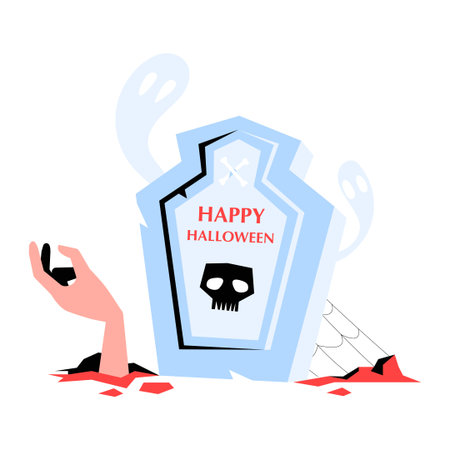 Grave With Skeleton Hand Rising In Flat Vector Illustration Symbolizing Halloween Spirit, Spooky Horror, And Celebration, Isolated On White Backgroundのイラスト素材