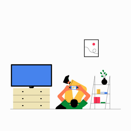 Man Using Tablet In Living Room In Flat Vector Illustration Symbolizing Home Comfort, Technology, And Leisure, Isolated On White Background.のイラスト素材