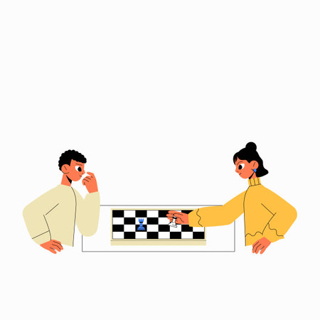 Man And Woman Playing Board Game In Flat Vector Illustration Symbolizing Strategy, Fun, And Competition, Isolated On White Backgroundのイラスト素材