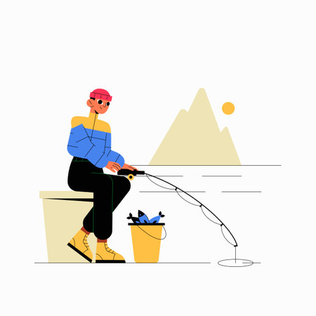 Man Fishing By The Lake With Bucket Of Fish In Flat Vector Illustration Symbolizing Outdoor Activity, Relaxation, And Nature, Isolated On White Backgroundのイラスト素材