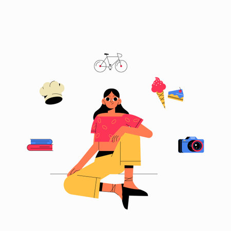 Woman Sitting Surrounded By Hobbies Bicycle Camera Ice Cream Book In Flat Vector Illustration...