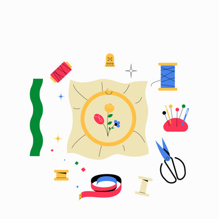 Sewing Kit With Embroidered Cushion In Flat Vector Illustration Symbolizing Crafting, DIY, And Creativity, Isolated On White Background.のイラスト素材