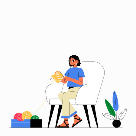 Woman Knitting In A Chair With Colorful Yarn In Flat Vector Illustration Symbolizing Relaxation, Hobbies, And Crafting, Isolated On White Backgroundのイラスト素材