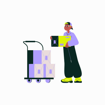 Male worker loading boxes onto trolley in flat vector illustration symbolizing delivery, shipping,...