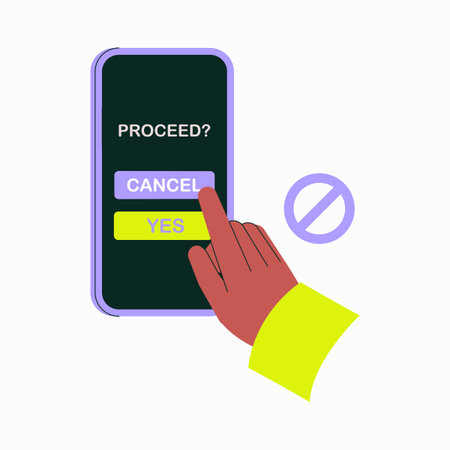 Hand Selecting Cancel Or Proceed Options On Smartphone In Flat Vector Illustration Symbolizing...