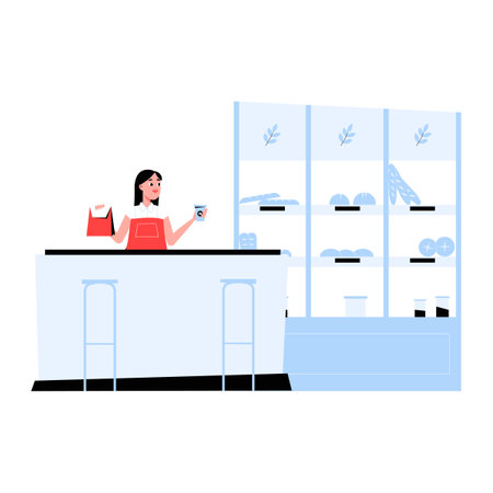 Female Sales Clerk Holding A Bag And Drink In Flat Vector Illustration Symbolizing Retail, Shopping, And Customer Service, Isolated On White Background.のイラスト素材