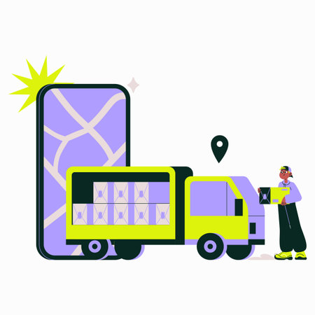 Delivery Truck With Boxes And Courier In Flat Vector Illustration Symbolizing Shipping, Logistics, And Online Tracking, Isolated On White Backgroundのイラスト素材