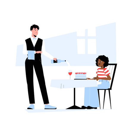 Waiter Pouring Wine For Female Customer At Restaurant Table In Flat Vector Illustration Symbolizing Dining, Customer Service, And Hospitality, Isolated On White Backgroundのイラスト素材