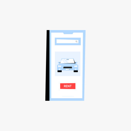 Mobile app screen with car rental option in flat vector illustration symbolizing online car booking, transportation service, and vehicle rental, isolated on white background.のイラスト素材