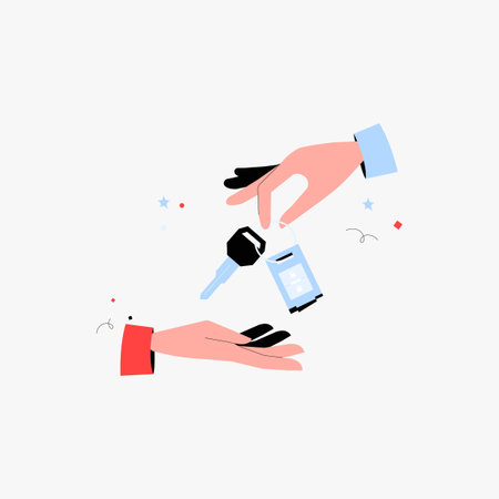 Hands exchanging car key in flat vector illustration symbolizing car rental, leasing, and vehicle handover, isolated on white background.のイラスト素材
