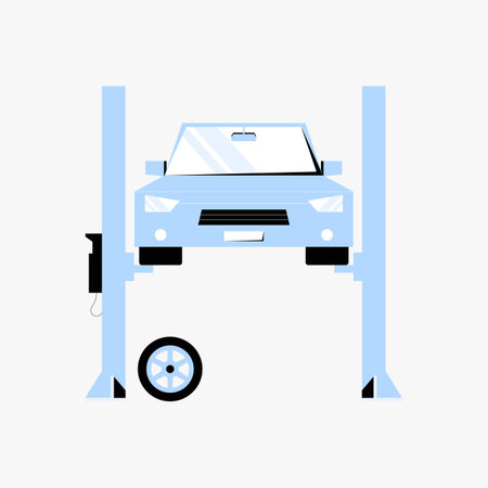 Car on hydraulic lift with detached tire in flat vector illustration symbolizing vehicle maintenance, repair, and service, isolated on white background.のイラスト素材