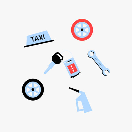 Taxi service essentials with wrench, tire, taxi sign, and fuel can in flat vector illustration symbolizing vehicle repair, fuel services, and transportation, isolated on white background.のイラスト素材
