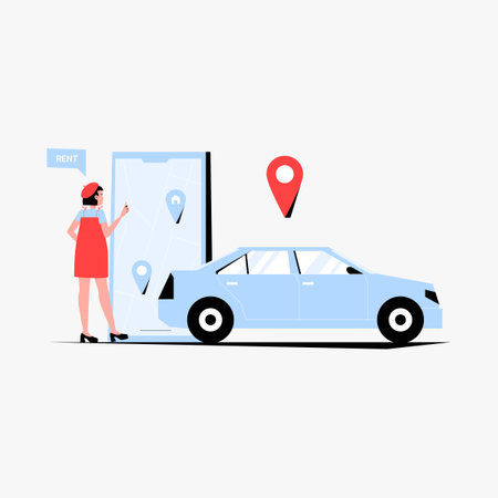 Female driver using navigation app in flat vector illustration symbolizing navigation, geolocation, and digital maps, isolated on white background.のイラスト素材