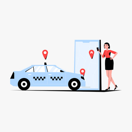 Female using mobile app for taxi service with car and location pins in flat vector illustration symbolizing online transportation, navigation, and mobility, isolated on white background.のイラスト素材