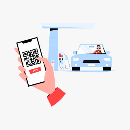 Mobile payment at gas station with QR code in flat vector illustration symbolizing contactless payment, convenience, and modern technology, isolated on white background.のイラスト素材