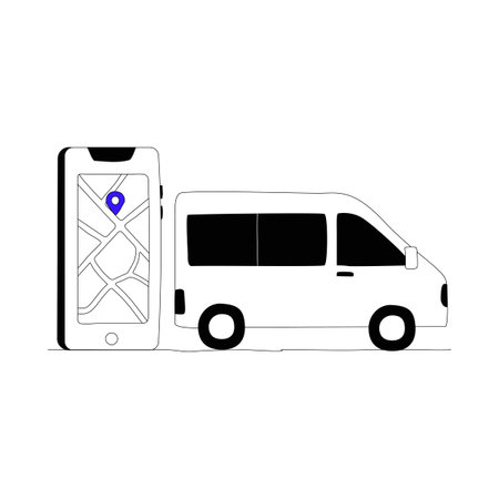 Van With GPS Navigation App In Flat Vector Illustration Symbolizing Transport, Delivery, And Location Tracking, Isolated On White Backgroundのイラスト素材