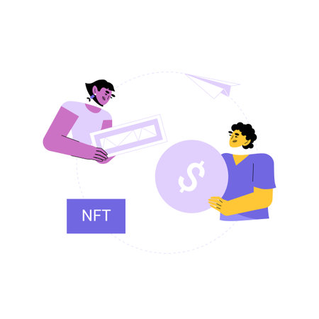 NFT Art Exchange With Two Characters Holding Artwork And Dollar Symbol In Flat Vector Illustration,...