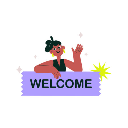 Smiling Female Character Waving Behind Welcome Banner In Flat Vector Illustration Symbolizing Hospitality, Warm Greeting, And Friendliness, Isolated On White Background.のイラスト素材