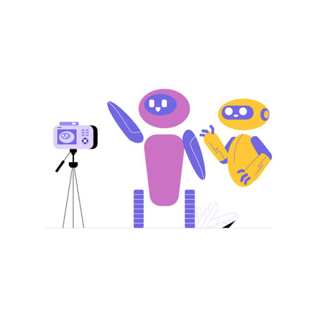 Two Robots Posing for a Photo in Flat Vector Illustration Symbolizing AI Interaction, Technology,...