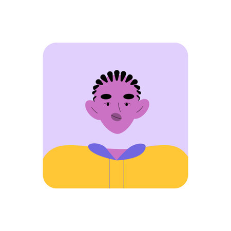 Portrait Of Male Character With Curly Hair In Flat Vector Illustration Symbolizing Youth And Modern...