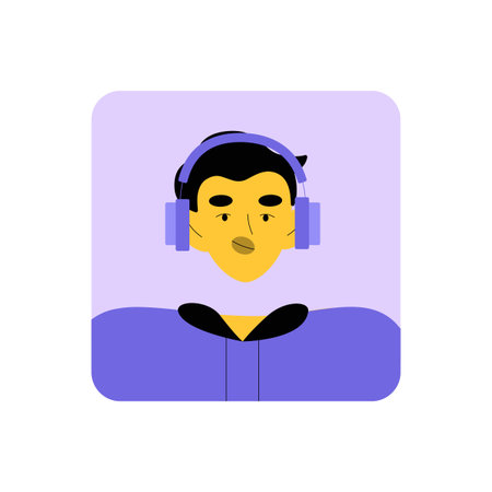 Young Male Avatar Wearing Headphones, Flat Vector Illustration Symbolizing Music, Relaxation, And...