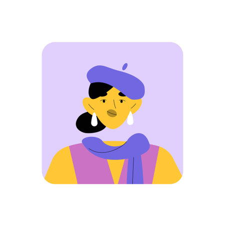 Female Artist Avatar Wearing Beret In Flat Vector Portrait Symbolizing Creativity, Art, And...