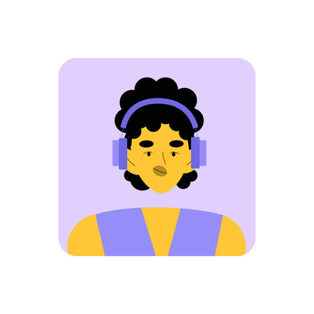 Female Avatar With Curly Hair Wearing Headphones, Flat Vector Illustration Symbolizing Music,...