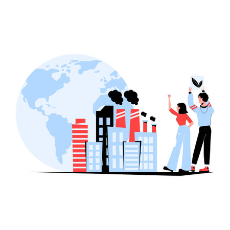 Environmental Activists And Factory Pollution With Earth In Background In Flat Vector Illustration...