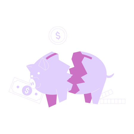 Broken Piggy Bank In Flat Vector Illustration Symbolizing Financial Loss, Budget Issues, And Savings Crisis, Isolated On White Backgroundのイラスト素材