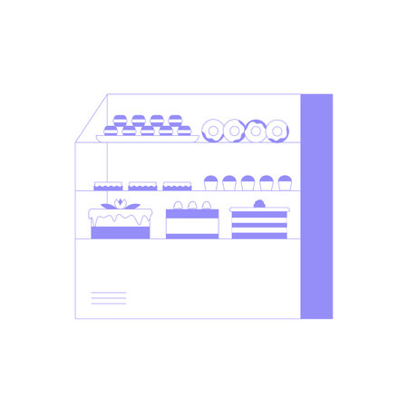 Bakery Display Shelf With Assorted Pastries And Baked Goods In Flat Vector Illustration Symbolizing...