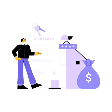 Male Client Reviewing Mortgage Agreement With Key And Money Bag In Flat Vector Illustration Symbolizing Loan Services And Financial Security, Isolated On White Backgroundのイラスト素材