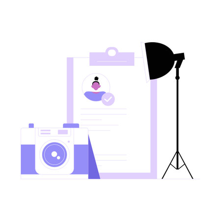 Model Portfolio With Camera And Lighting In Flat Vector Illustration Symbolizing Fashion Photography, Creative Presentation, And Style, Isolated On White Backgroundのイラスト素材