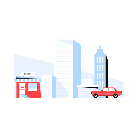 City Street Scene With Small Shop And Car In Front Of Modern City Buildings, Flat Vector Illustration Symbolizing Urban Lifestyle And Commerce, Isolated On White Background.のイラスト素材