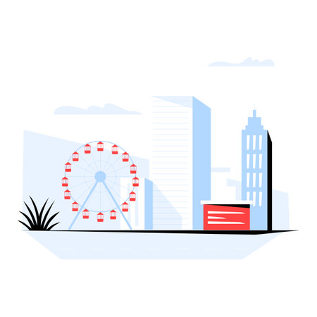 Ferris Wheel And Skyscrapers In Urban Landscape In Flat Vector Illustration Symbolizing City Tourism And Leisure, Isolated On White Background.のイラスト素材