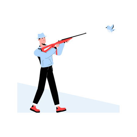 Male Hunter Aiming Shotgun At Flying Bird In Flat Vector Illustration Symbolizing Hunting, Outdoor Sports, And Adventure, Isolated On White Backgroundのイラスト素材