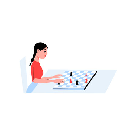 Young Woman Playing Chess With Chessboard And Pieces In Flat Vector Illustration Symbolizing Strategy, Critical Thinking, And Concentration, Isolated On White Background.のイラスト素材